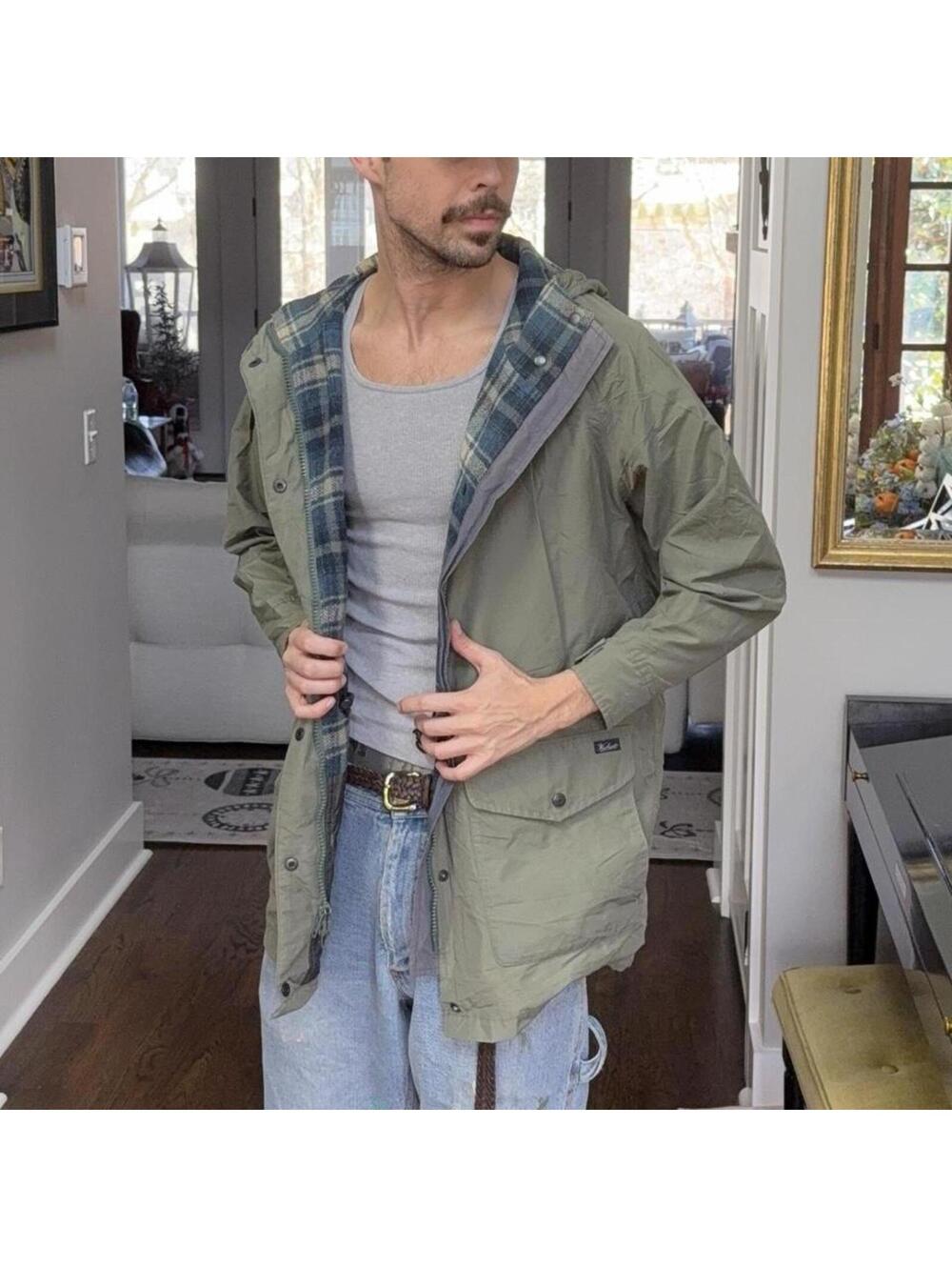 🌲 Vintage Woolrich Hooded Jacket Size S Sage Green Plaid Lined Outdoor Coat